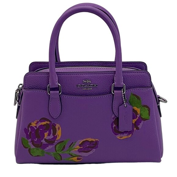 Coach Handbags - Coach Mini Darcie Purple Pebbled Leather With Rose Print Carryall Bag CL423